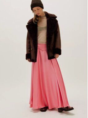 Free People Chilco Pink Full Maxi Skirt Satin High Slit Flowy Size 4 Womens NWT